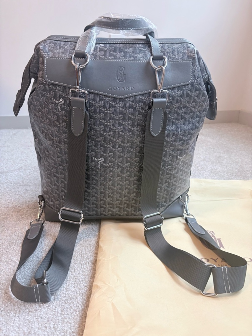Gray Backpack with Leather Trim